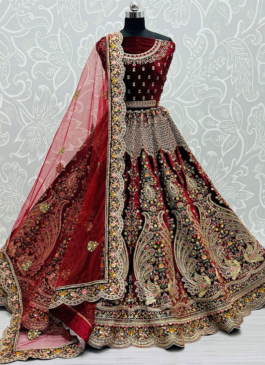 Lehenga Choli Velvet Maroon Booti Lehenga Choli