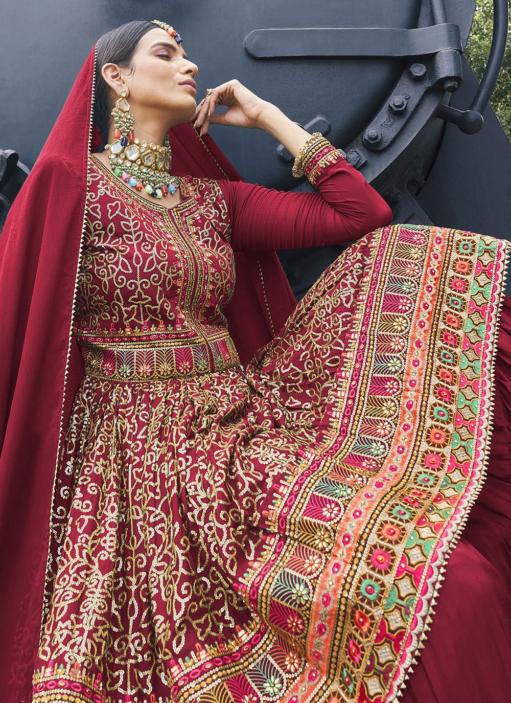 Trendy Suit Chinon Maroon Embroidered Salwar Kameez