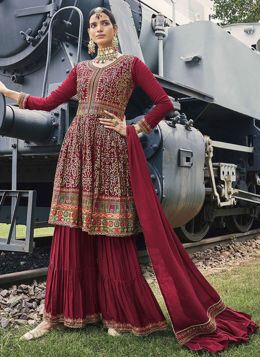 Trendy Suit Chinon Maroon Embroidered Salwar Kameez
