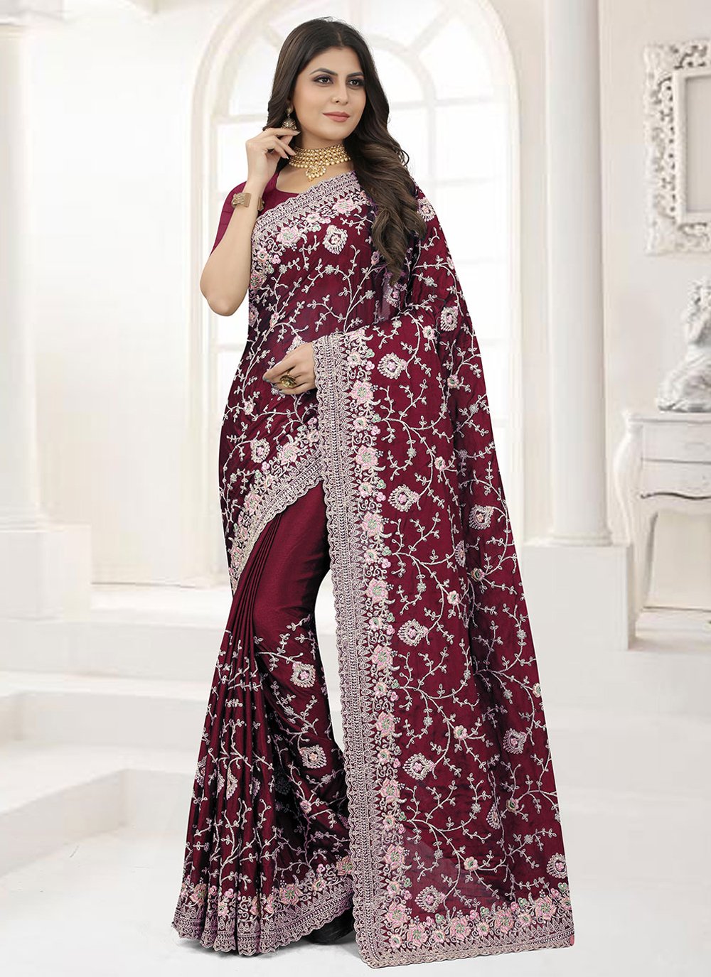 Trendy Saree Chinon Maroon Embroidered Saree