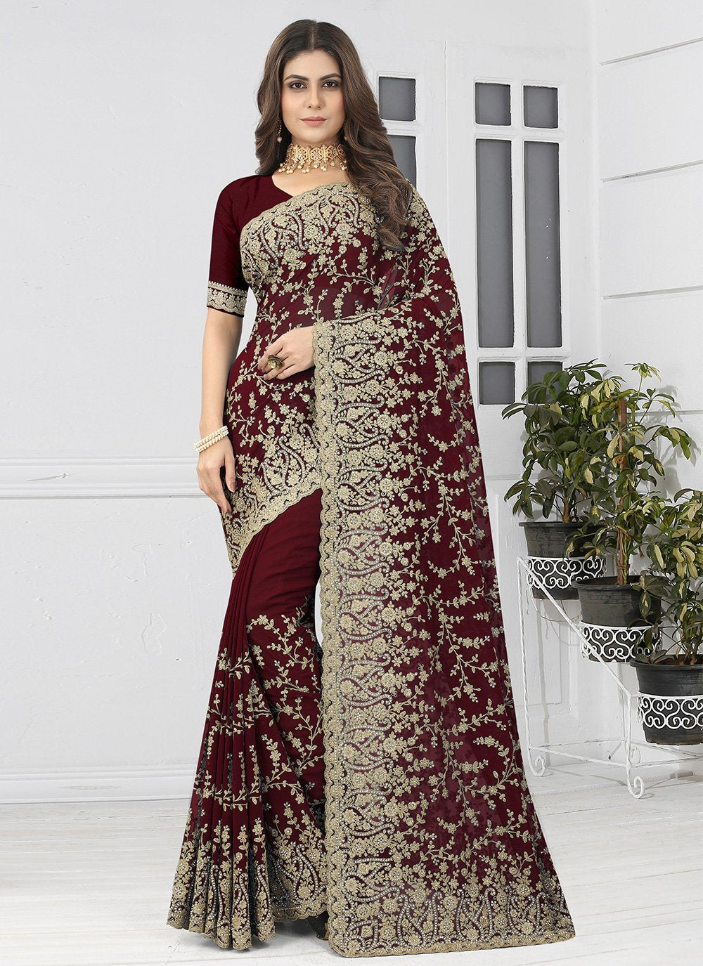 Designer Georgette Maroon Embroidered Saree