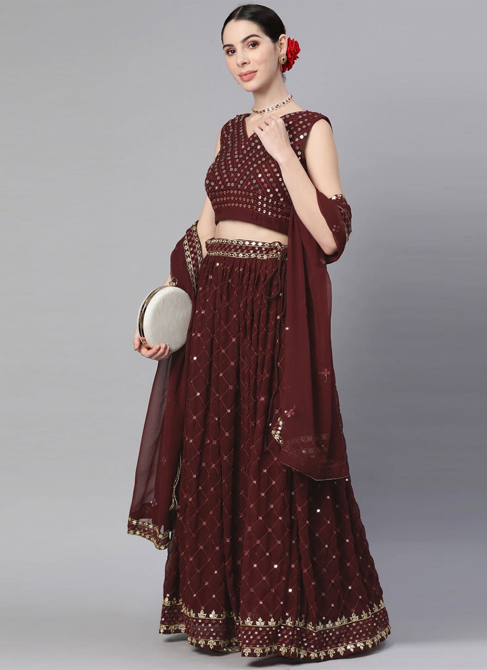 A Line Lehenga Georgette Maroon Embroidered Lehenga Choli