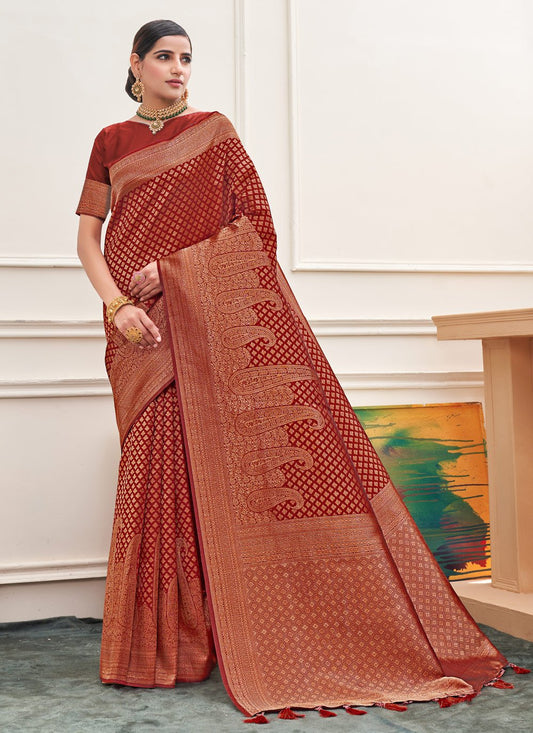 Designer Silk Maroon Weaving Saree