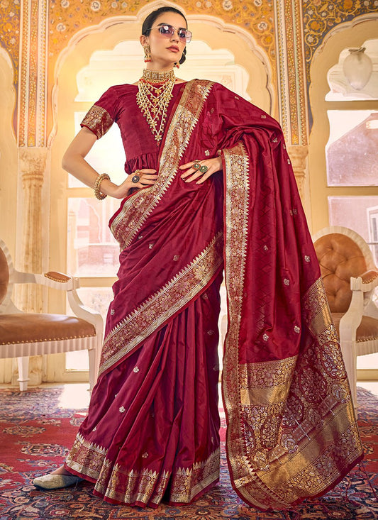 Contemporary Satin Silk Maroon Weaving Saree