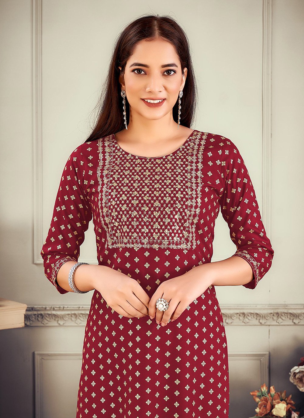 Designer Kurti Rayon Maroon Embroidered Kurtis