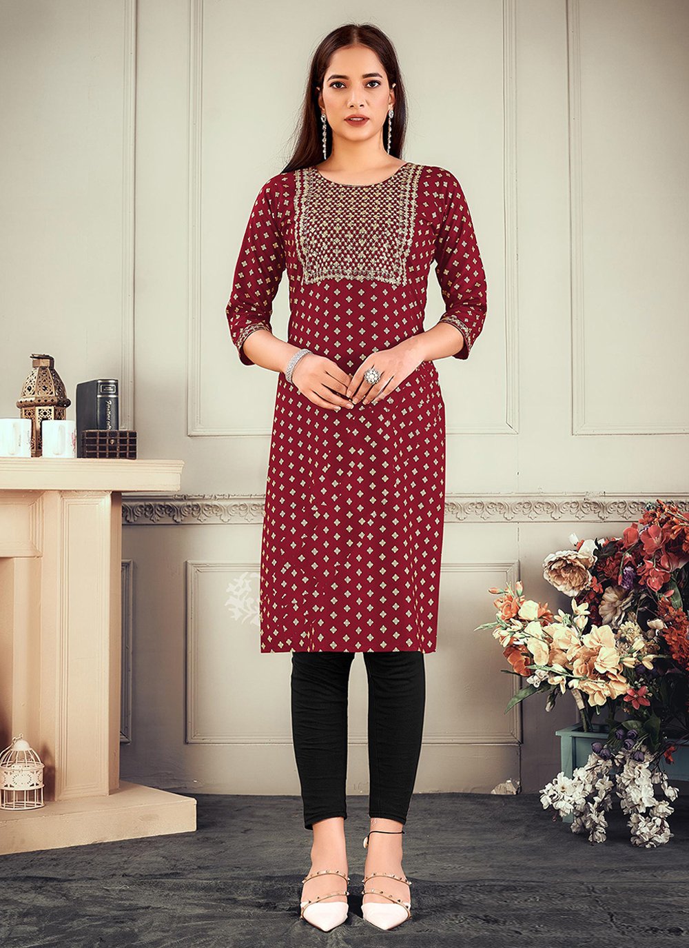 Designer Kurti Rayon Maroon Embroidered Kurtis