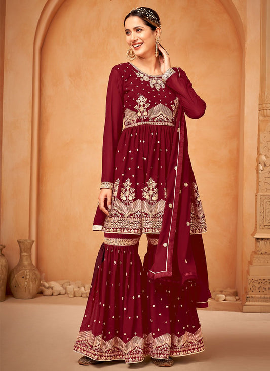 Salwar Suit Faux Georgette Maroon Embroidered Salwar Kameez