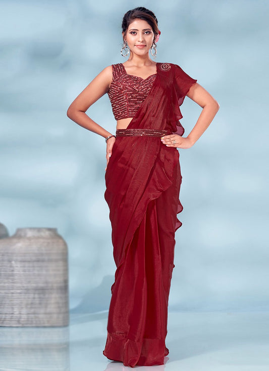 Designer Silk Maroon Plain Saree