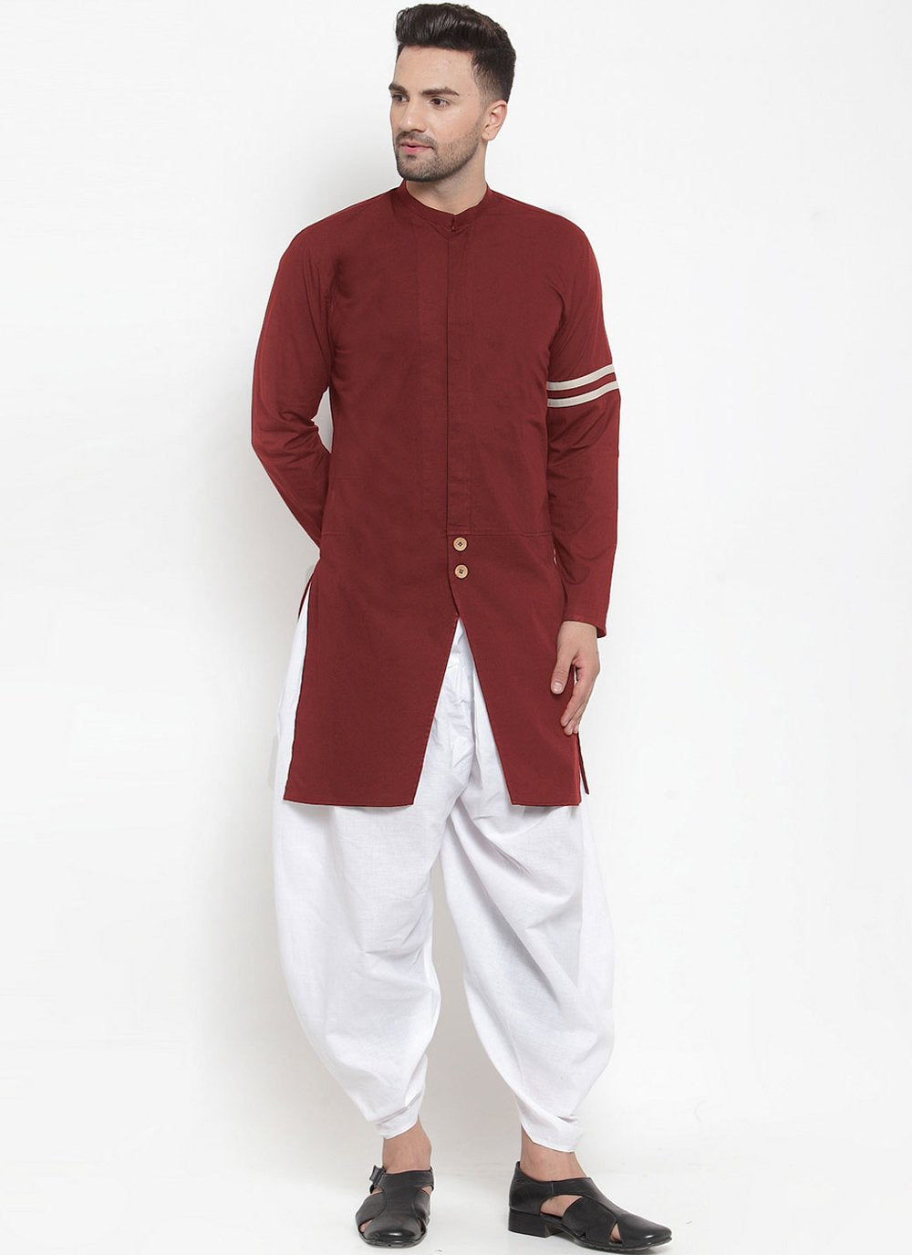 Indo Western Blended Cotton Maroon Plain Mens