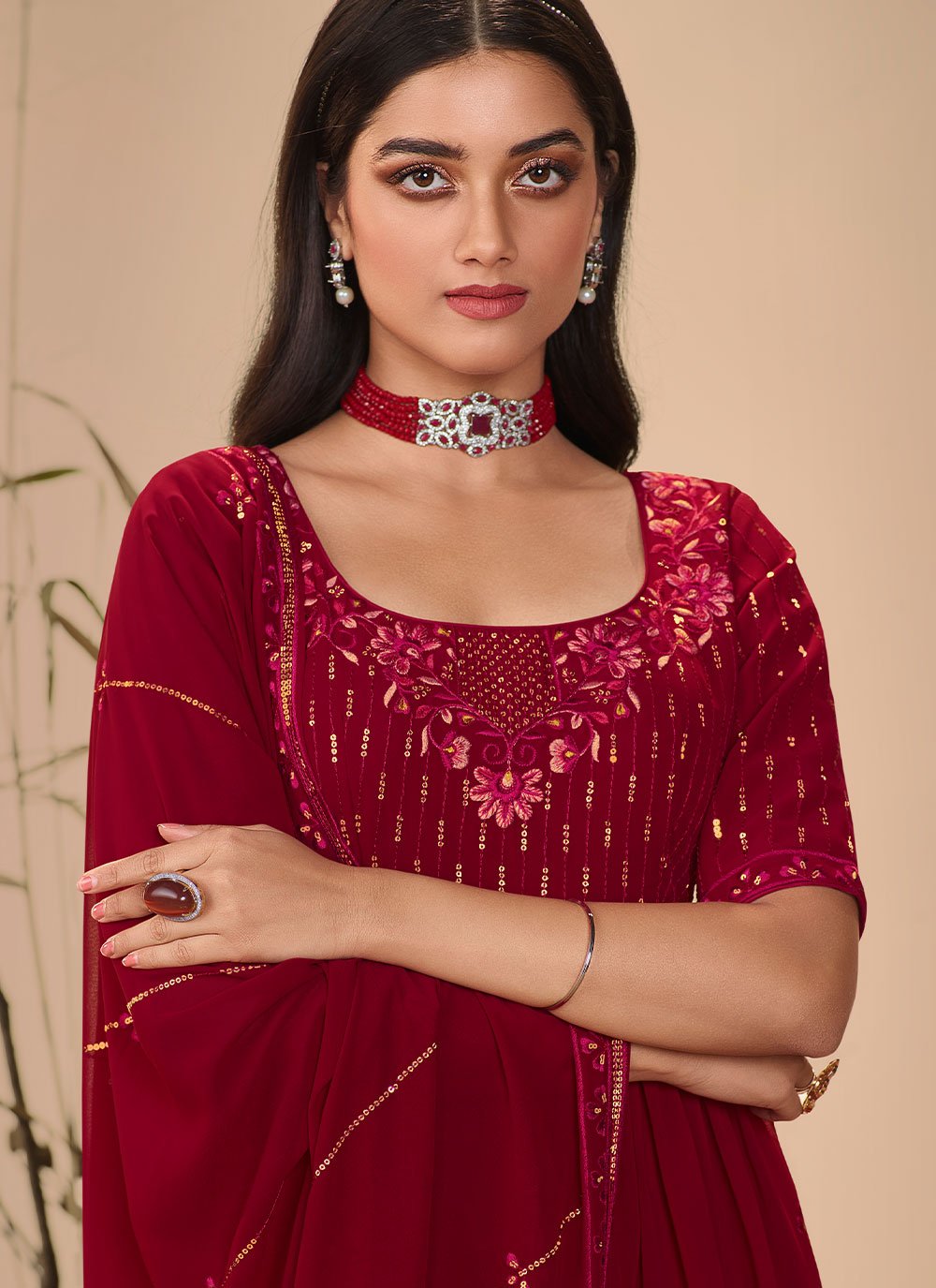 Palazzo Salwar Suit Georgette Maroon Embroidered Salwar Kameez