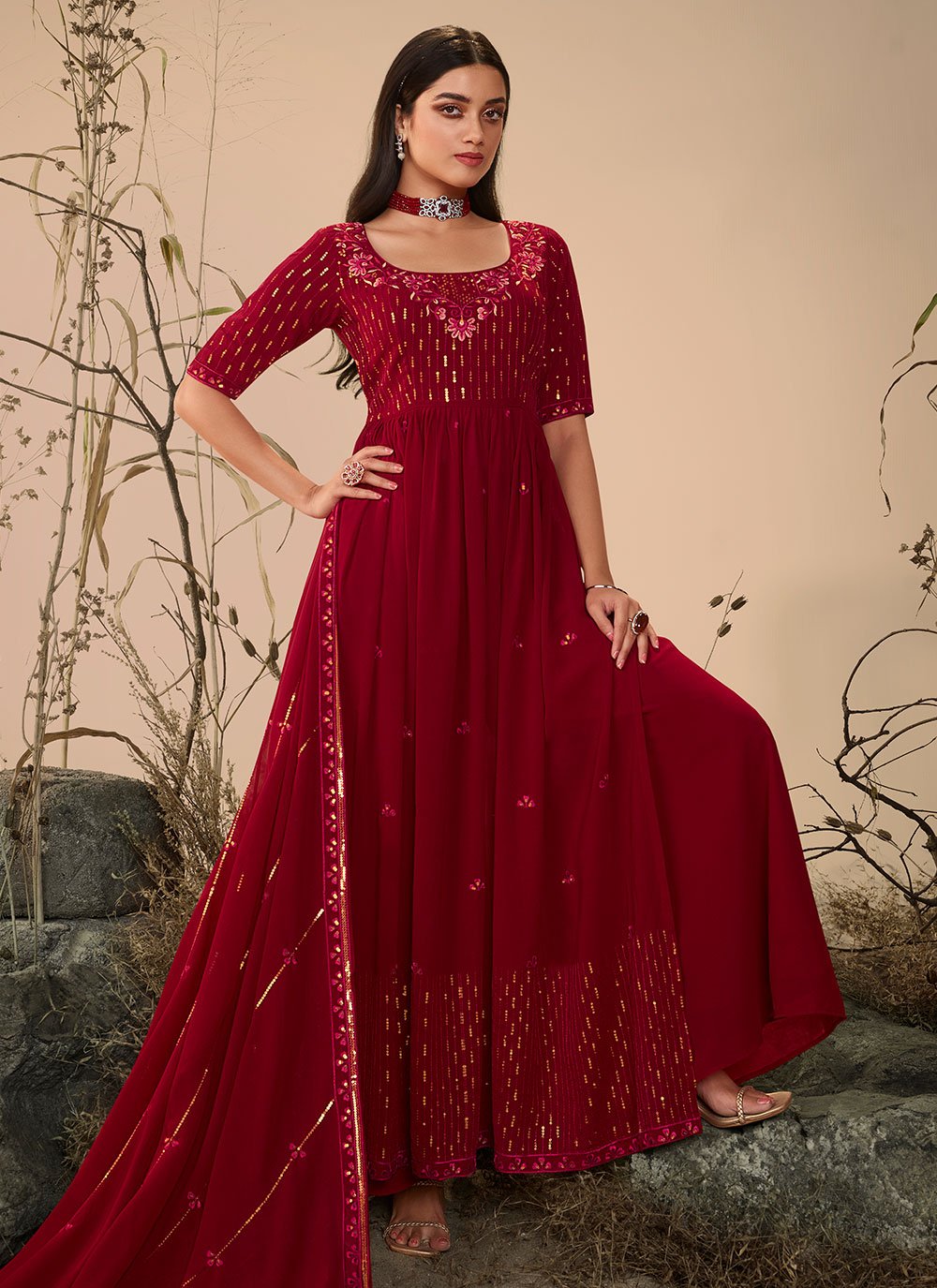 Palazzo Salwar Suit Georgette Maroon Embroidered Salwar Kameez