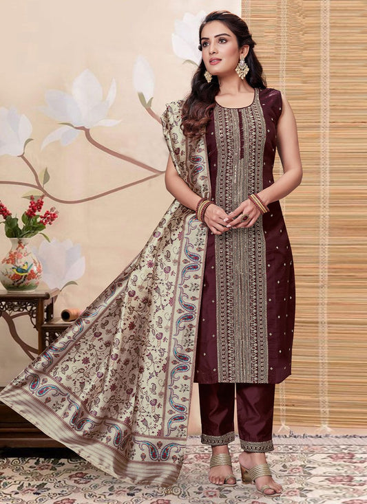 Pant Style Suit Silk Maroon Embroidered Salwar Kameez