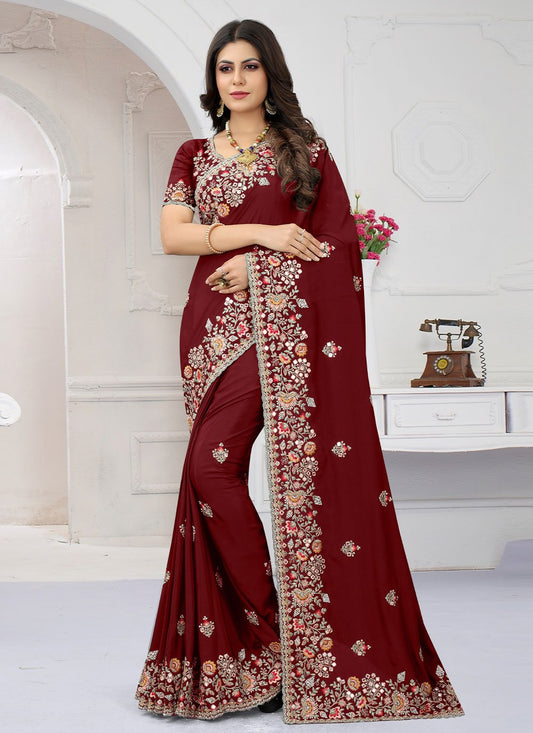 Classic Crepe Silk Maroon Embroidered Saree