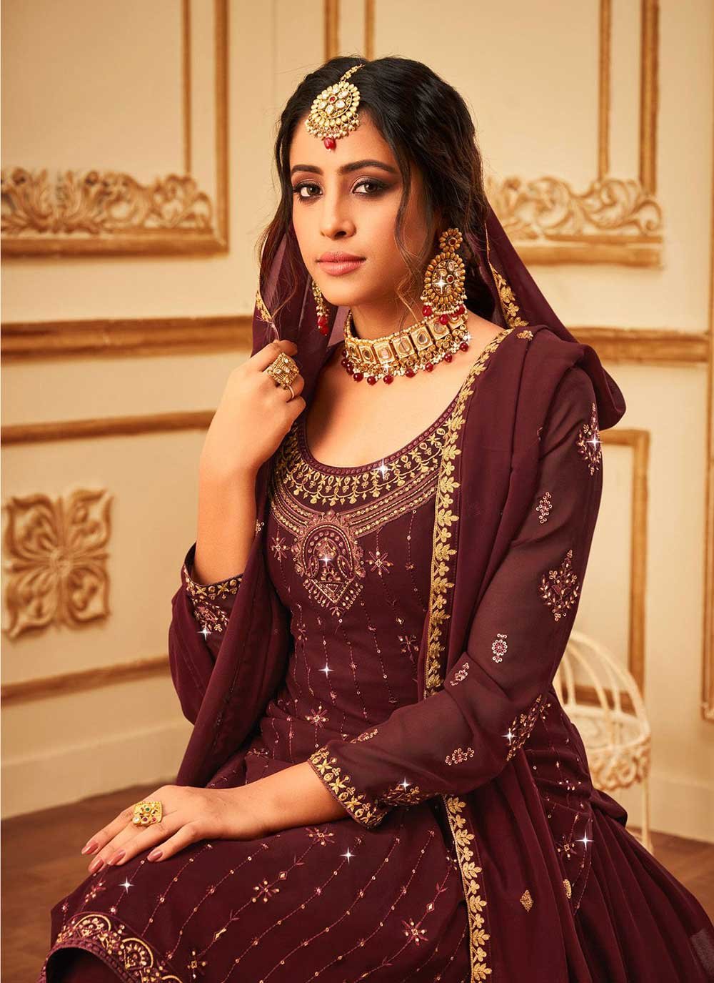 Sharara Set Faux Georgette Maroon Embroidered Salwar Kameez