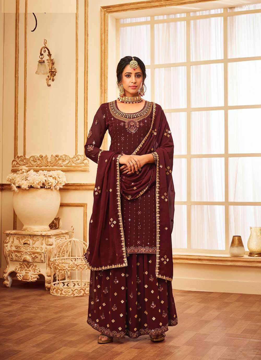 Sharara Set Faux Georgette Maroon Embroidered Salwar Kameez