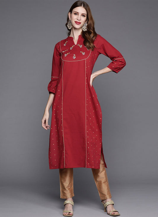 Casual Kurti Cotton Maroon Embroidered Kurtis