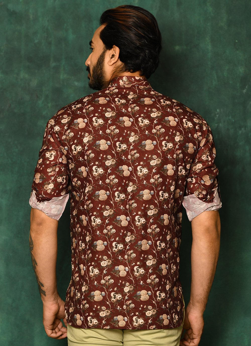 Short Kurta Cotton Maroon Print Mens