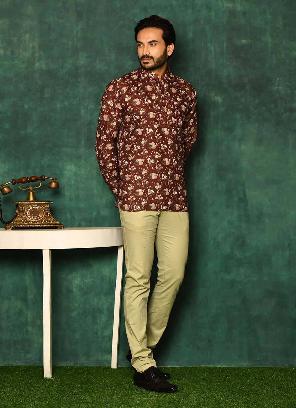 Short Kurta Cotton Maroon Print Mens