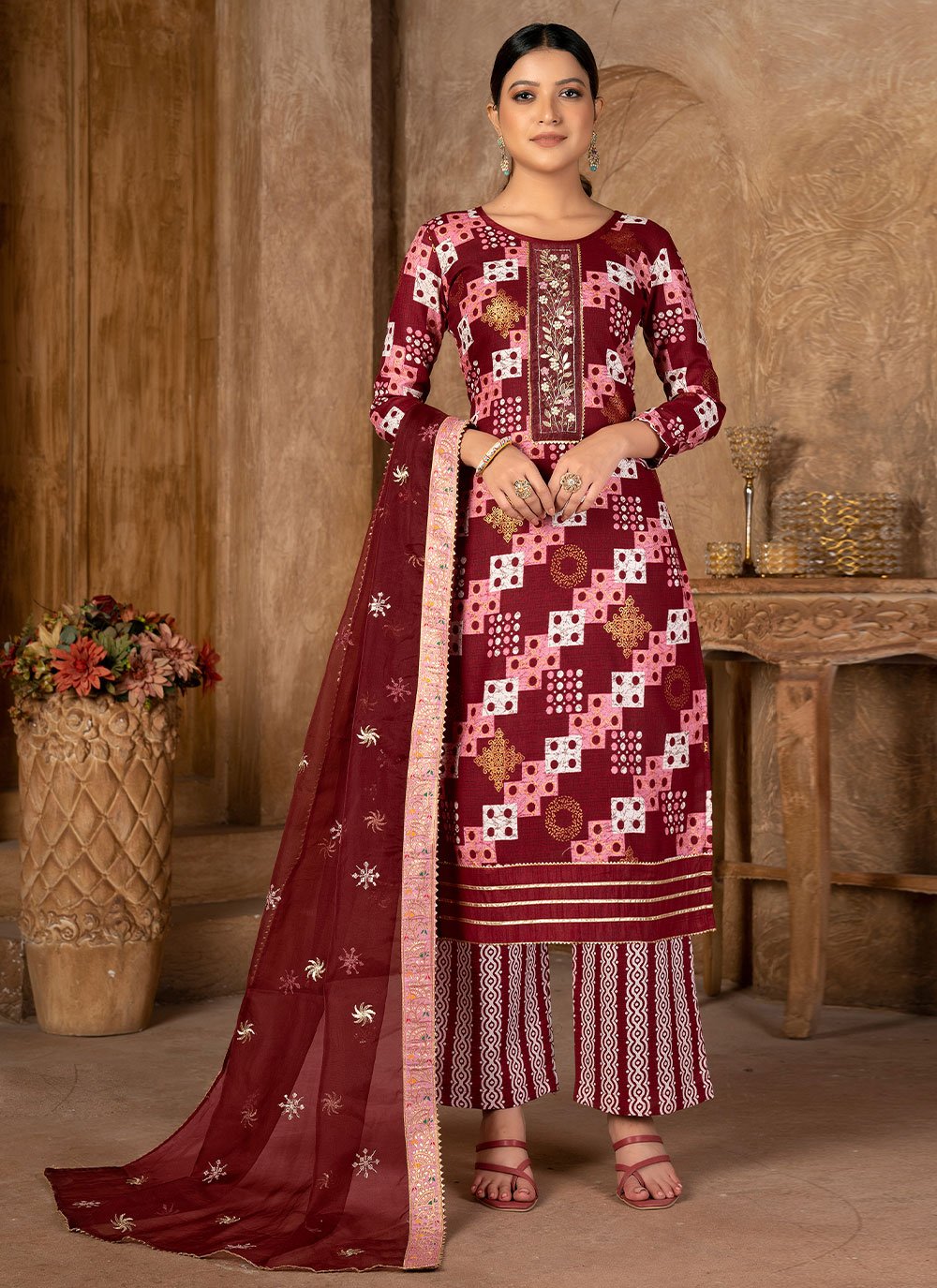 Trendy Suit Cotton Maroon Print Salwar Kameez