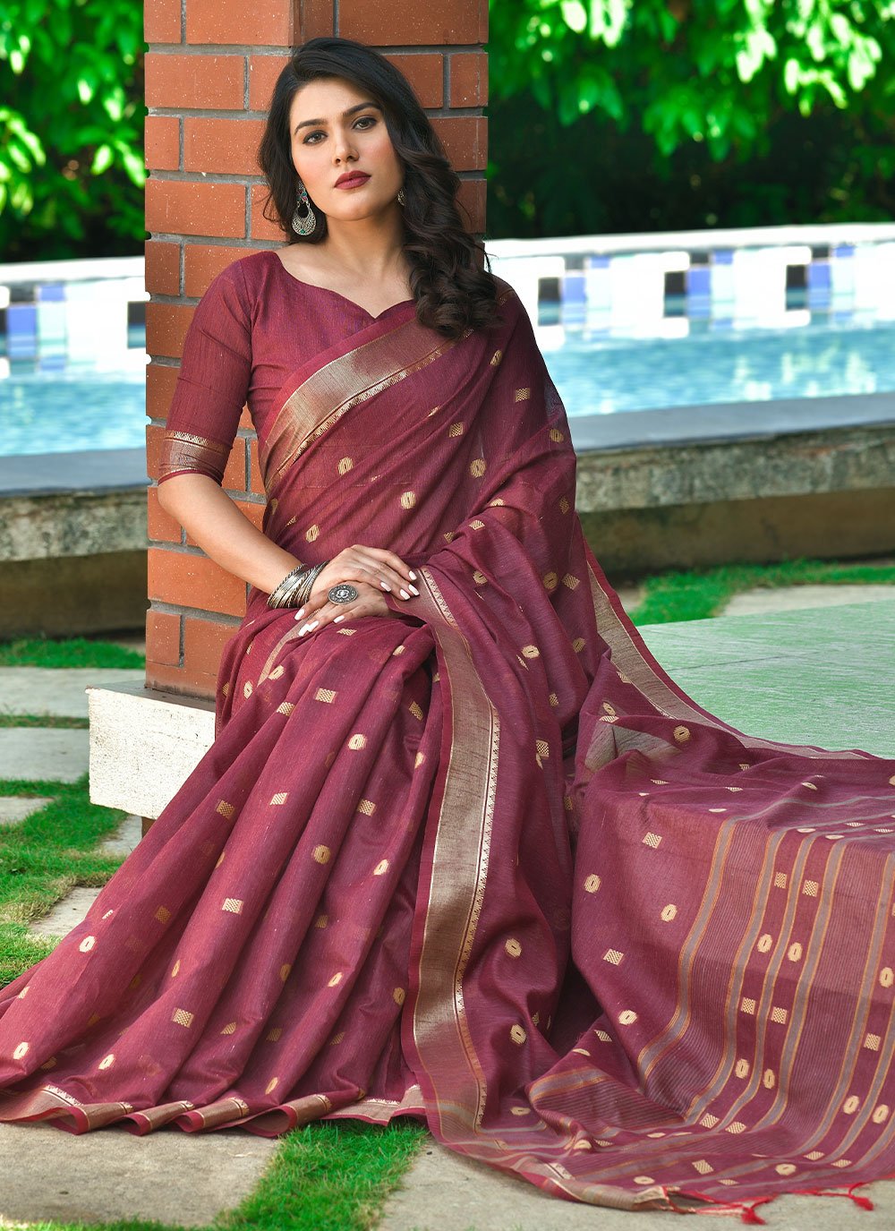 Designer Cotton Maroon Weaving Saree