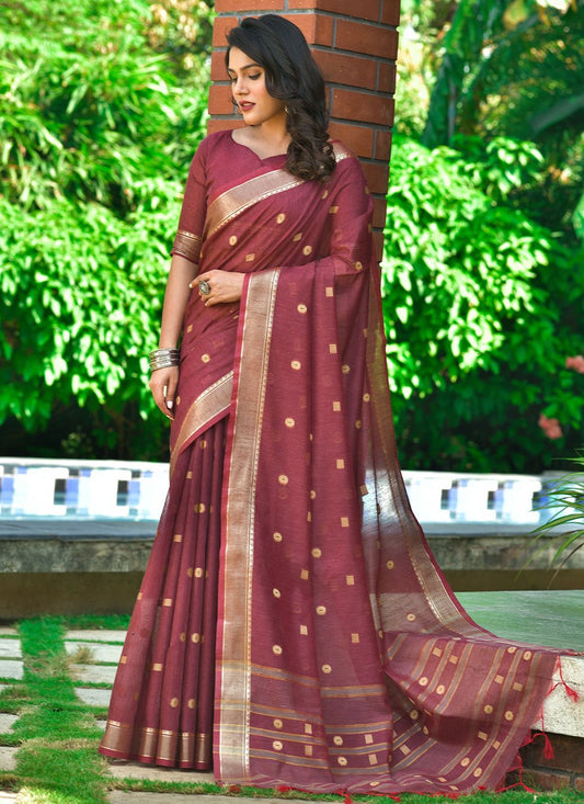 Designer Cotton Maroon Weaving Saree