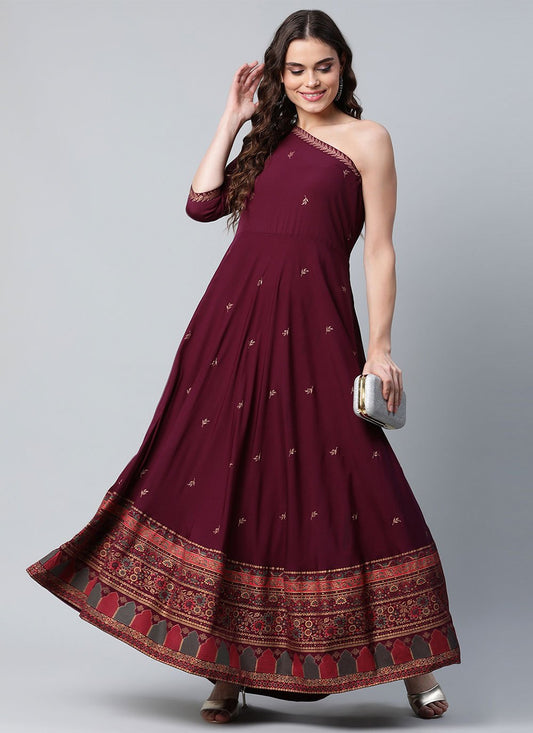 Floor Length Kurti Crepe Silk Maroon Print Kurtis