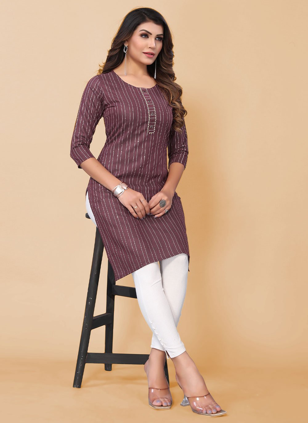 Designer Kurti Polyester Maroon Strips Print Kurtis