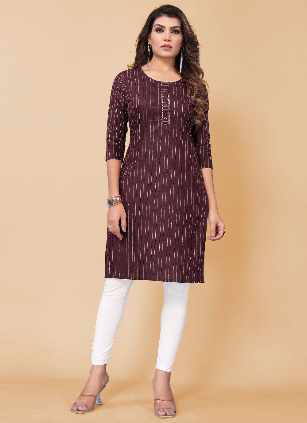 Designer Kurti Polyester Maroon Strips Print Kurtis