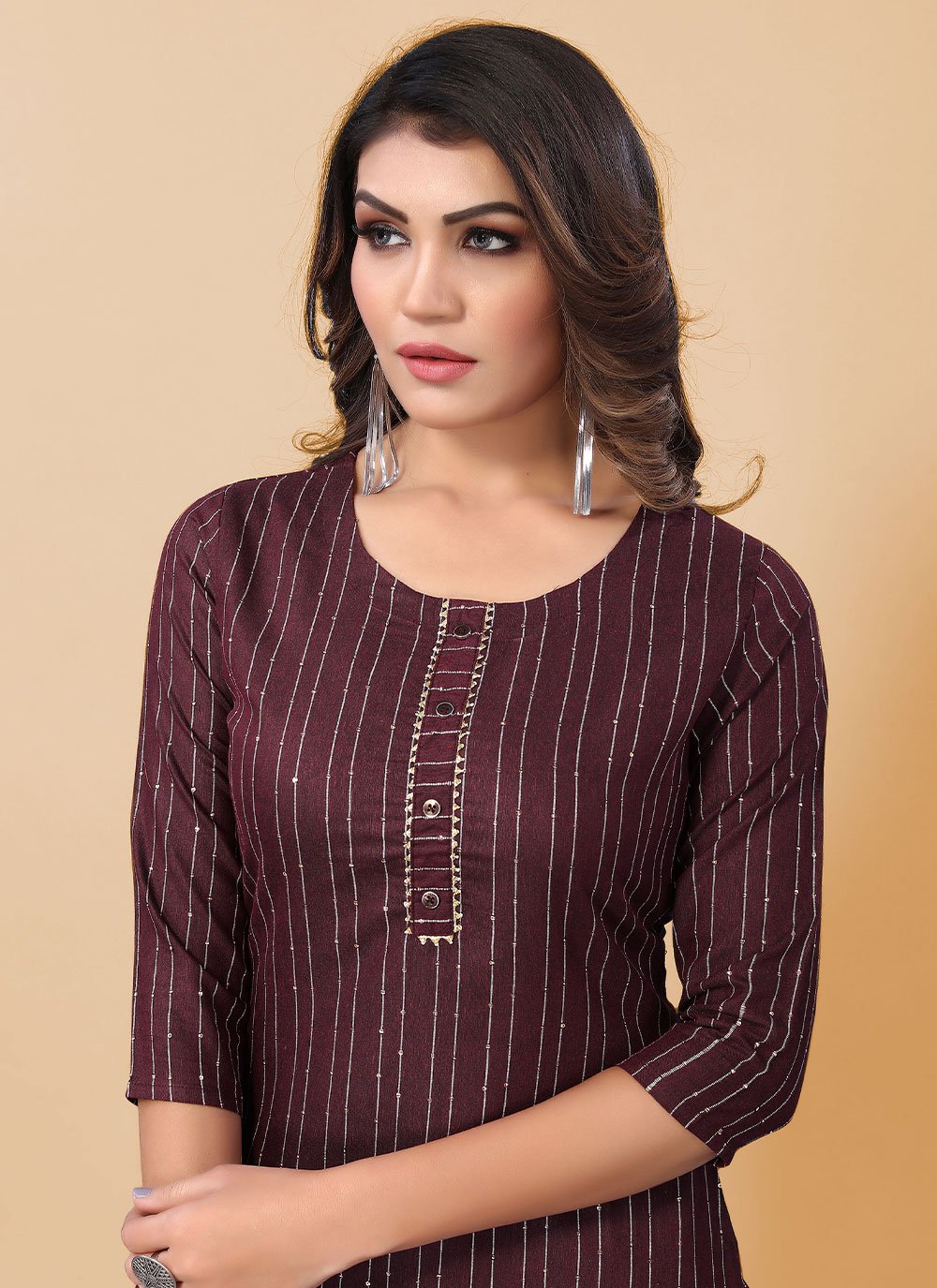 Designer Kurti Polyester Maroon Strips Print Kurtis