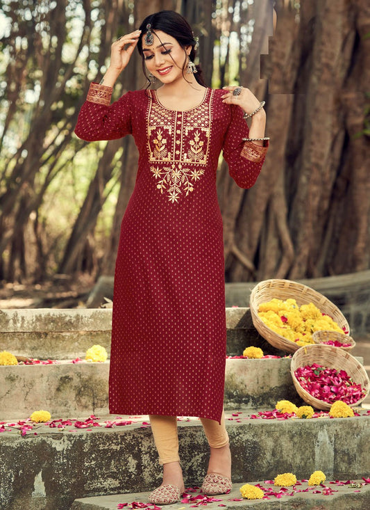 Designer Kurti Rayon Maroon Embroidered Kurtis