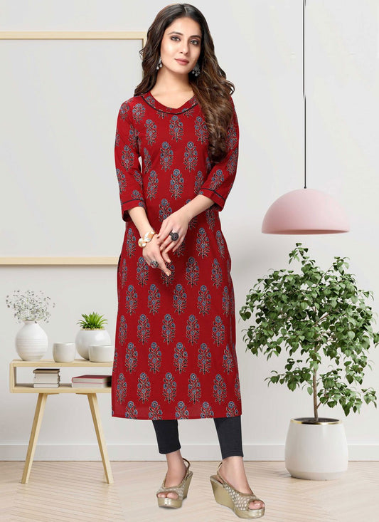 Designer Kurti Cotton Maroon Print Kurtis