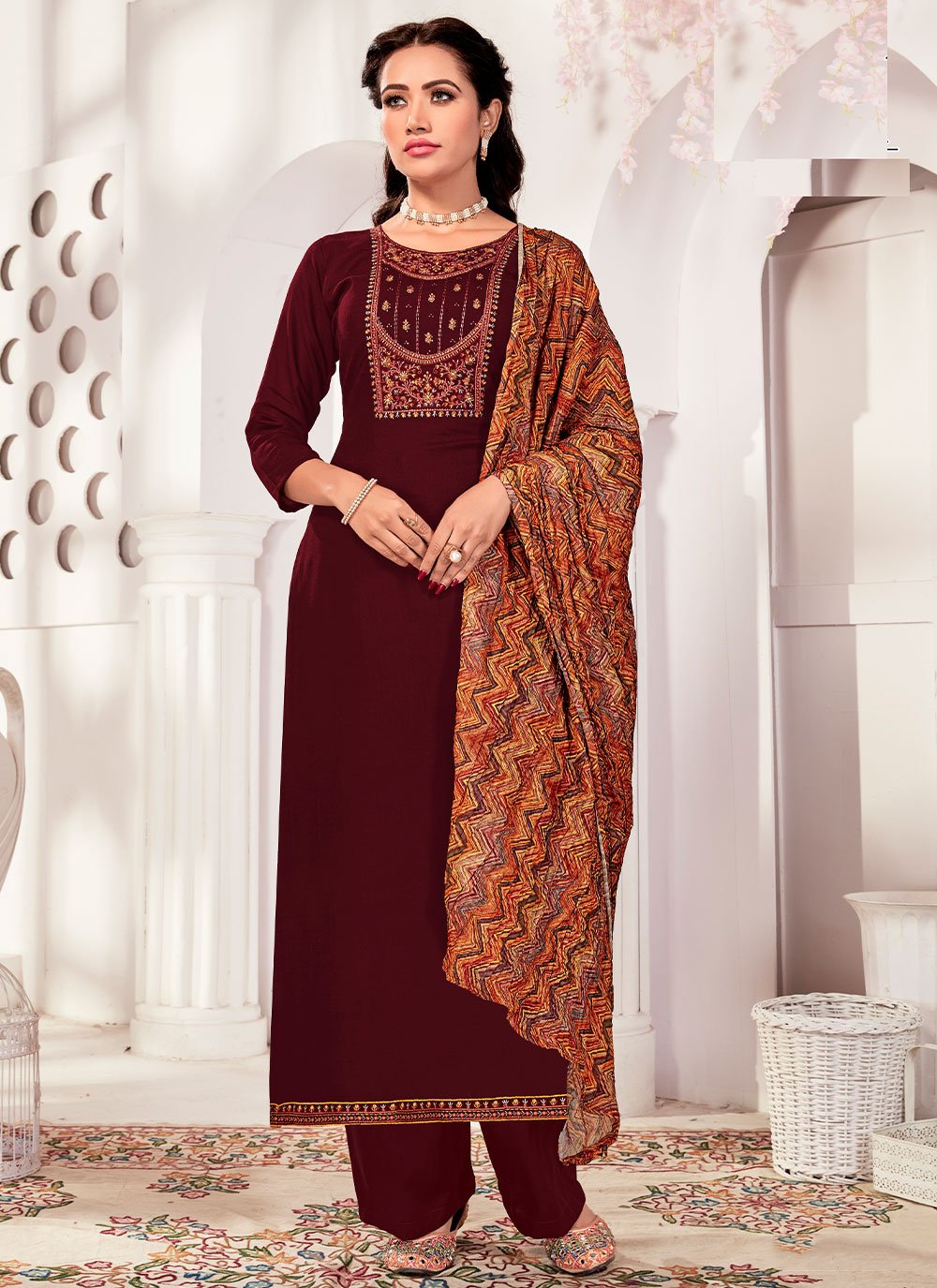 Floor Lenght Salwar Suit Rayon Maroon Diamond Salwar Kameez