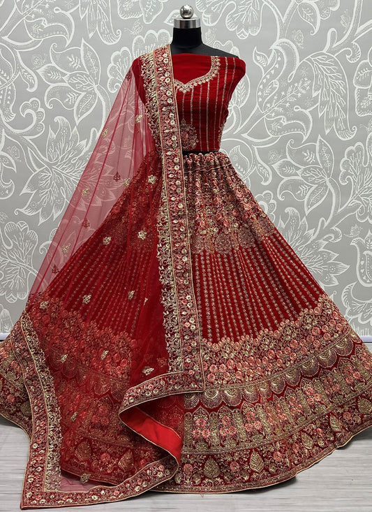 Lehenga Choli Velvet Maroon Dori Work Lehenga Choli