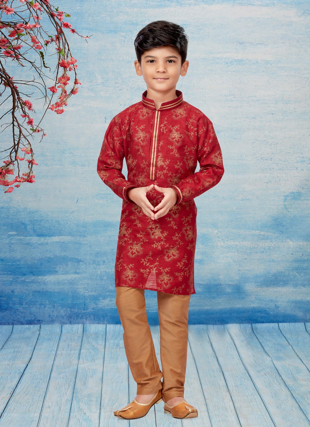 Kurta Pyjama Dupion Silk Maroon Print Kids