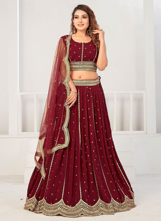 A Line Lehenga Georgette Viscose Maroon Embroidered Lehenga Choli