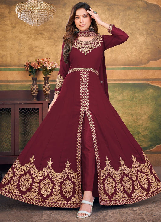 Anarkali Suit Faux Georgette Maroon Embroidered Salwar Kameez