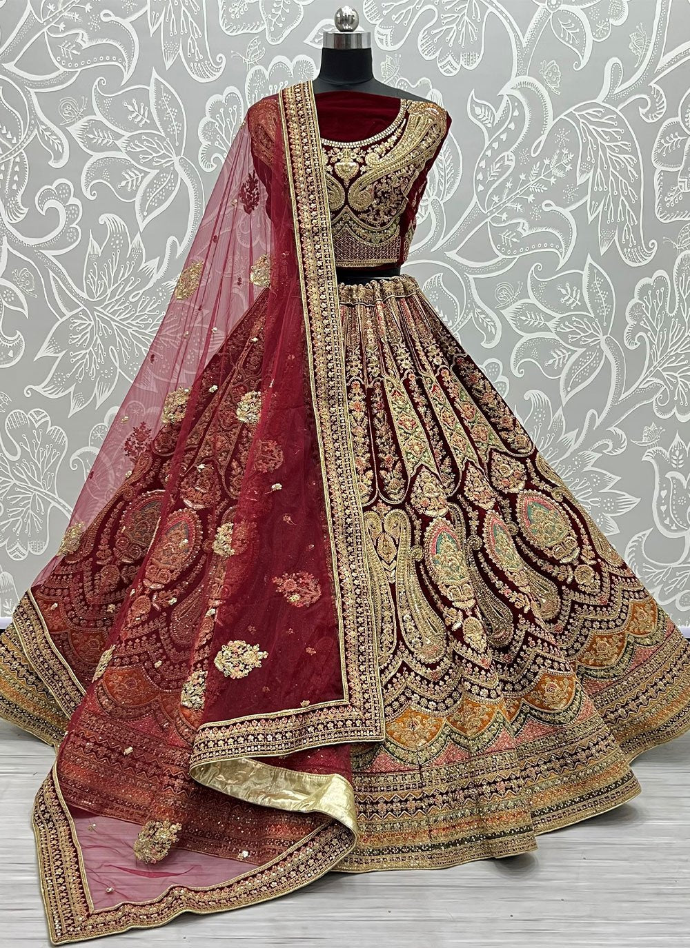 Lehenga Choli Velvet Maroon Diamond Lehenga Choli