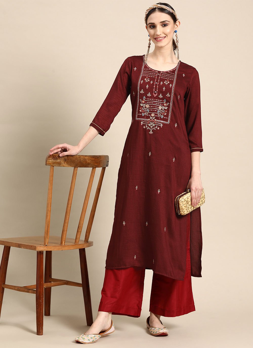 Party Wear Kurti Poly Rayon Maroon Embroidered Kurtis