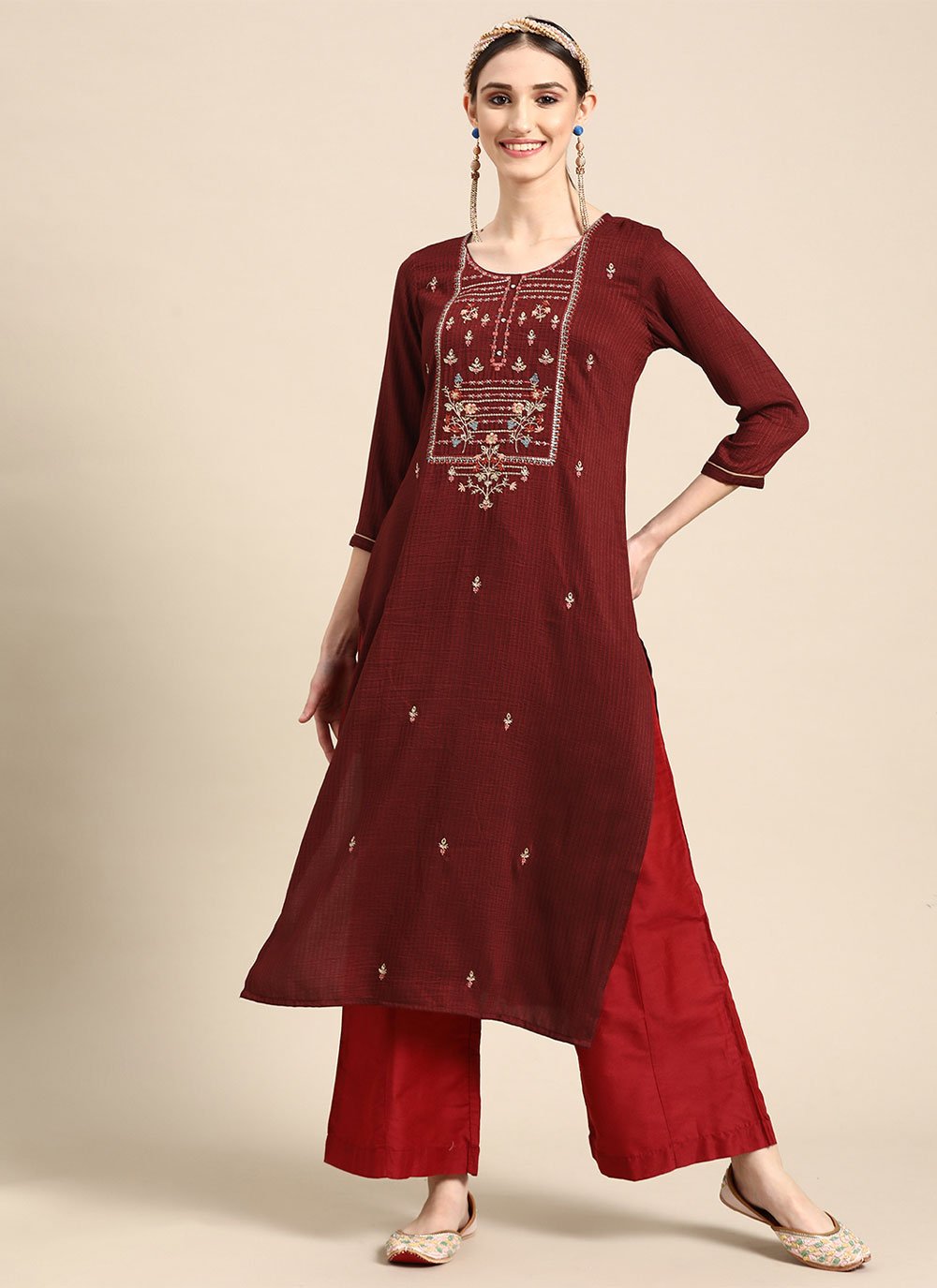 Party Wear Kurti Poly Rayon Maroon Embroidered Kurtis