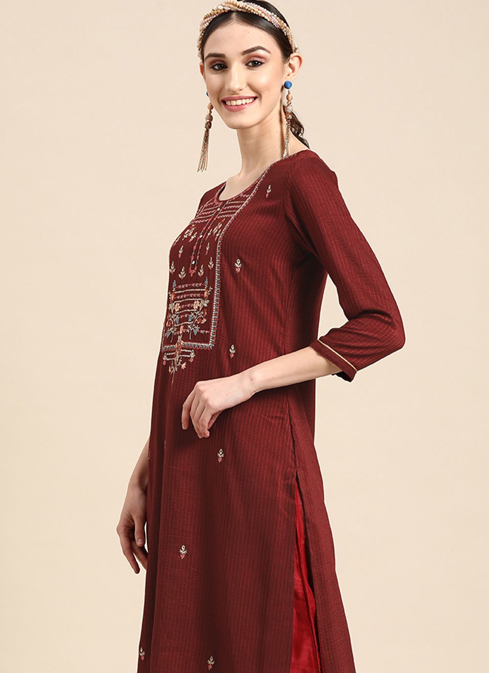 Party Wear Kurti Poly Rayon Maroon Embroidered Kurtis