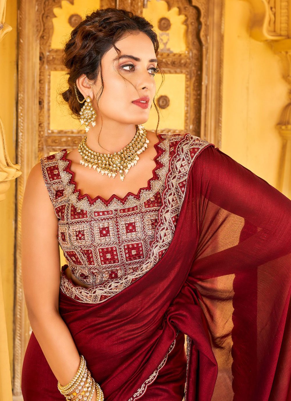 Contemporary Vichitra Silk Maroon Embroidered Saree