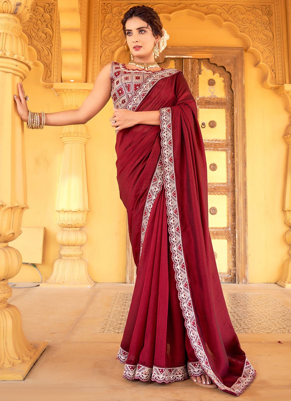 Contemporary Vichitra Silk Maroon Embroidered Saree