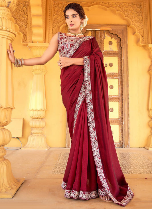 Contemporary Vichitra Silk Maroon Embroidered Saree