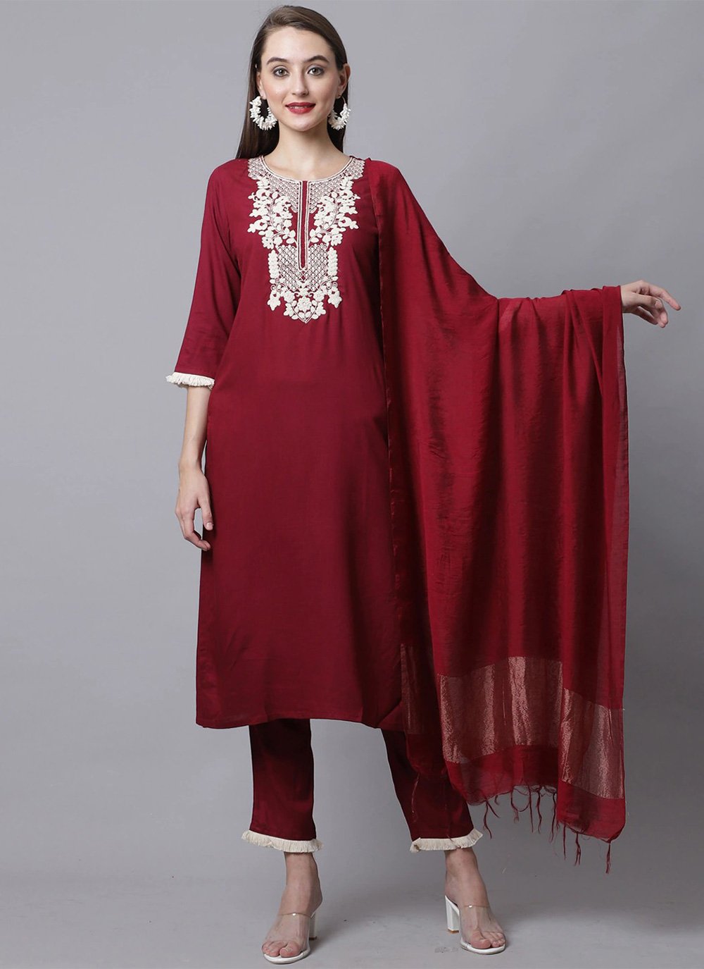 Pant Style Suit Cotton Maroon Embroidered Salwar Kameez