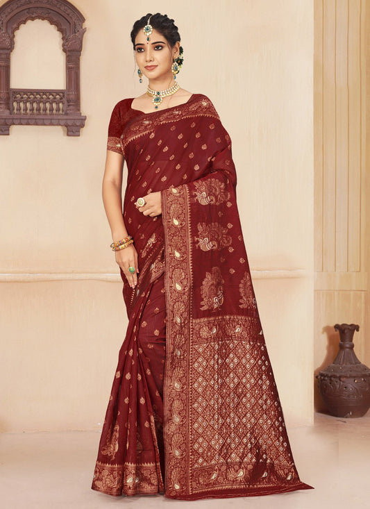 Casual Cotton Silk Maroon Embroidered Saree