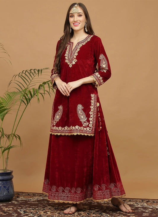 Designer Kurti Velvet Maroon Embroidered Kurtis