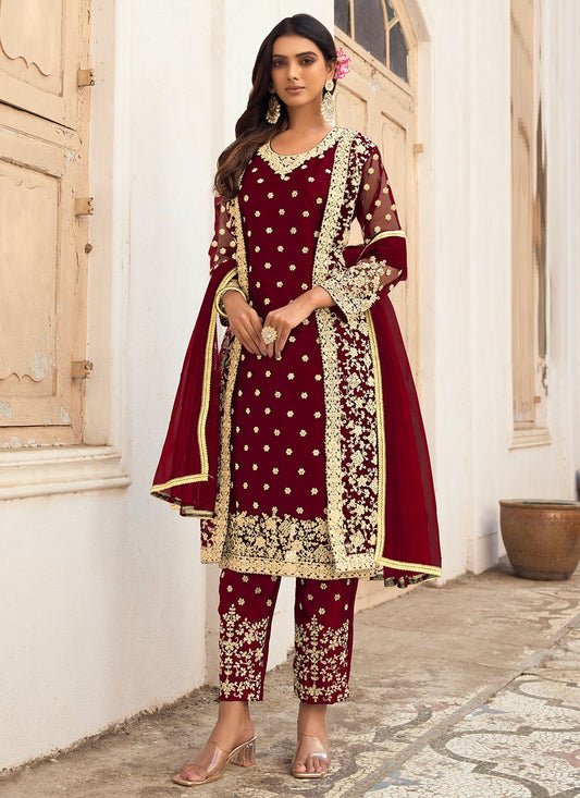 Salwar Suit Net Maroon Embroidered Salwar Kameez