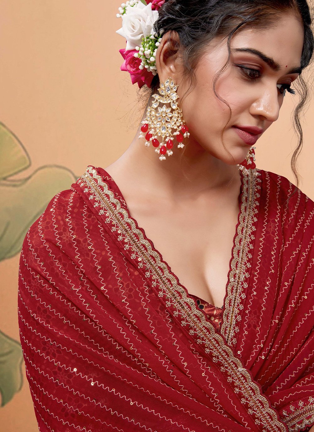 Designer Georgette Maroon Embroidered Saree