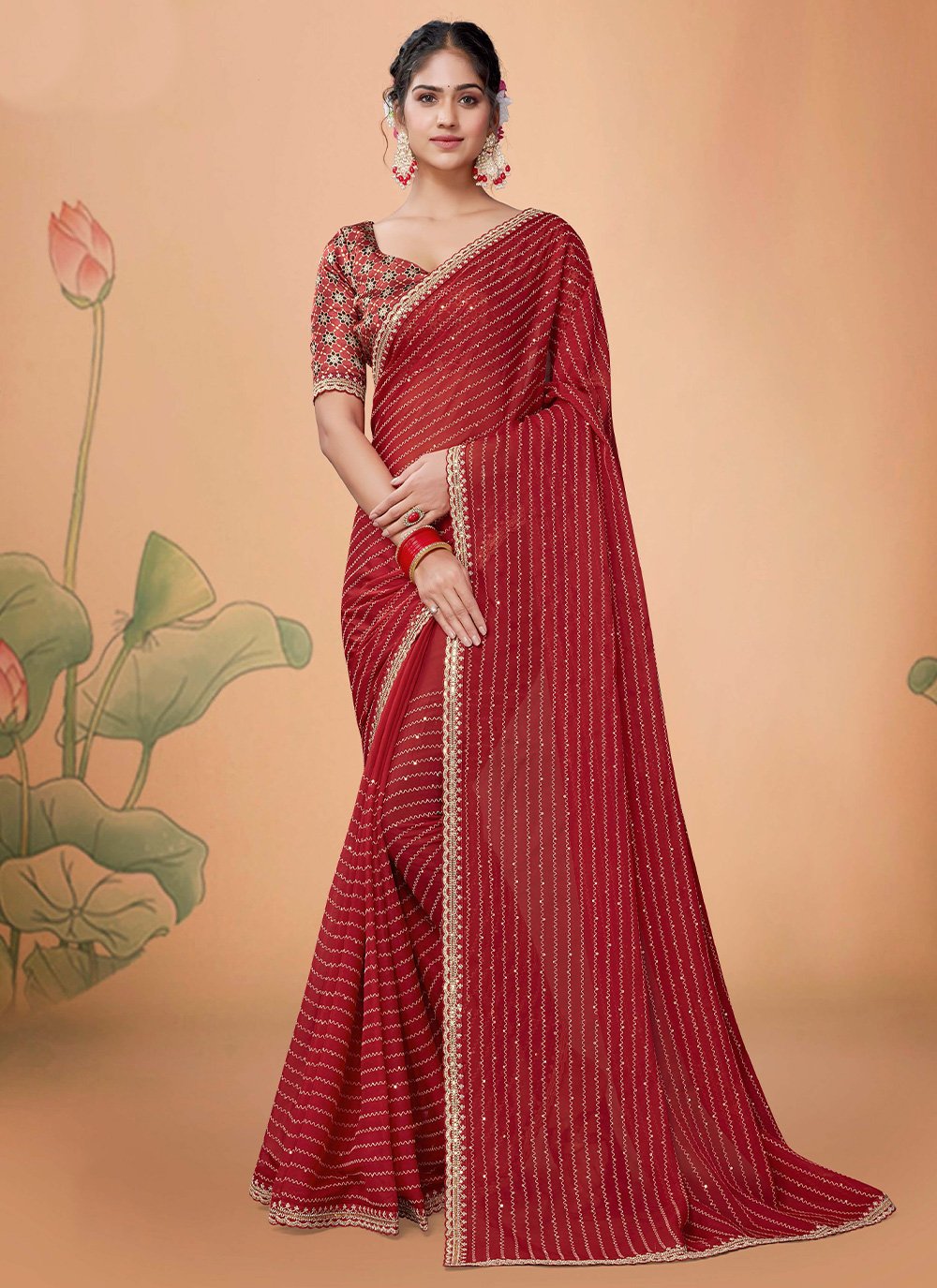 Designer Georgette Maroon Embroidered Saree