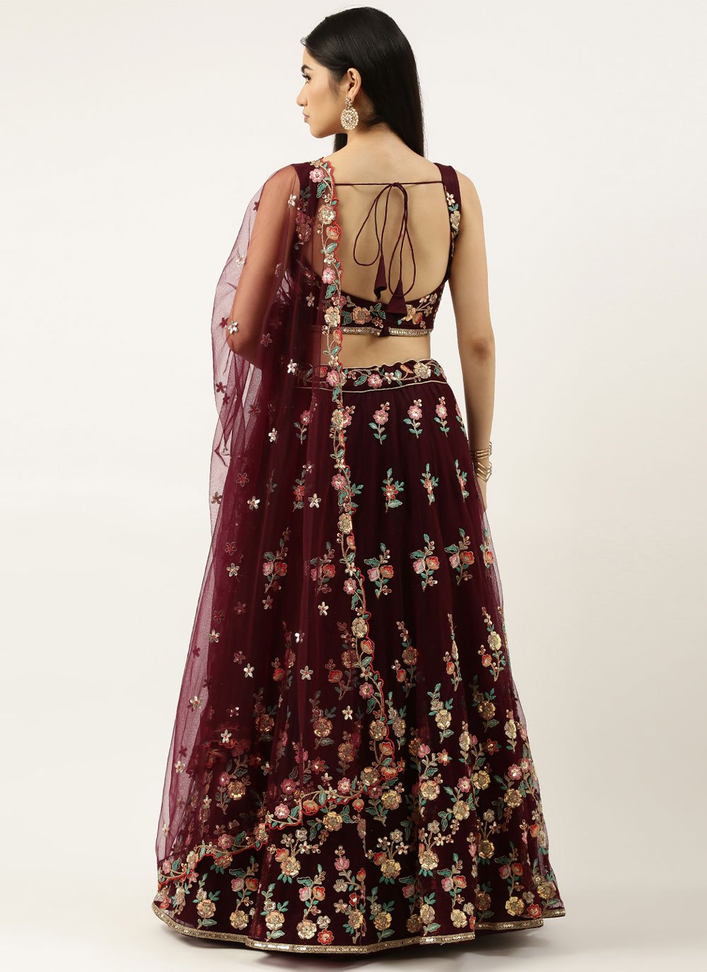 Lehenga Choli Net Maroon Embroidered Lehenga Choli